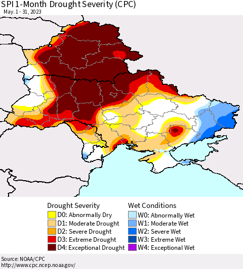 Ukraine, Moldova and Belarus SPI 1-Month Drought Severity (CPC) Thematic Map For 5/1/2023 - 5/31/2023