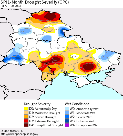 Ukraine, Moldova and Belarus SPI 1-Month Drought Severity (CPC) Thematic Map For 6/1/2023 - 6/30/2023