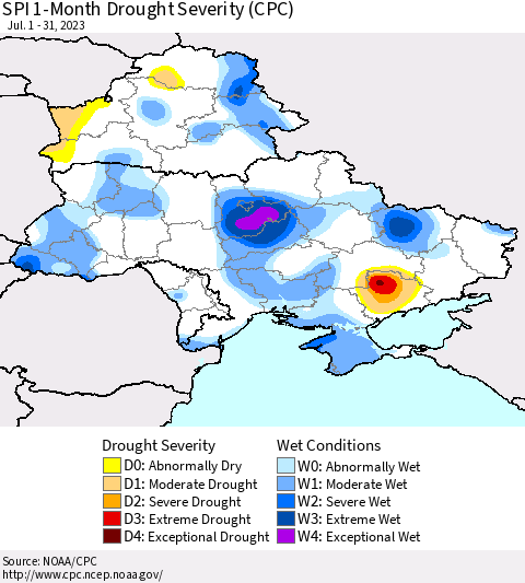 Ukraine, Moldova and Belarus SPI 1-Month Drought Severity (CPC) Thematic Map For 7/1/2023 - 7/31/2023