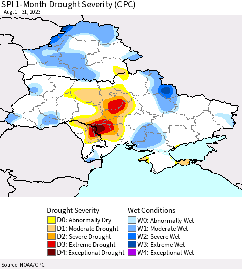 Ukraine, Moldova and Belarus SPI 1-Month Drought Severity (CPC) Thematic Map For 8/1/2023 - 8/31/2023
