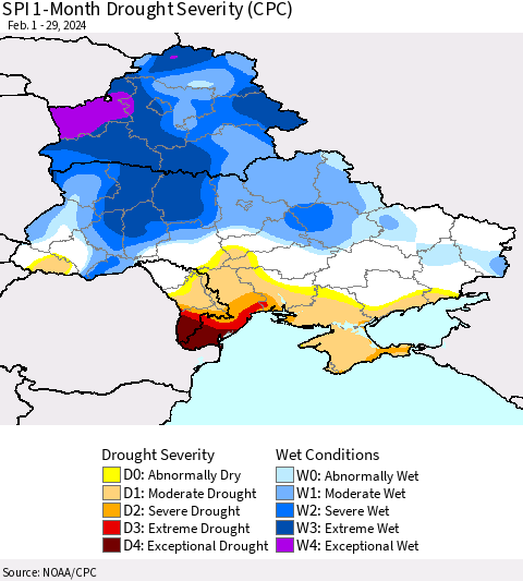 Ukraine, Moldova and Belarus SPI 1-Month Drought Severity (CPC) Thematic Map For 2/1/2024 - 2/29/2024