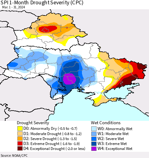 Ukraine, Moldova and Belarus SPI 1-Month Drought Severity (CPC) Thematic Map For 3/1/2024 - 3/31/2024