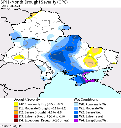Ukraine, Moldova and Belarus SPI 1-Month Drought Severity (CPC) Thematic Map For 10/1/2024 - 10/31/2024