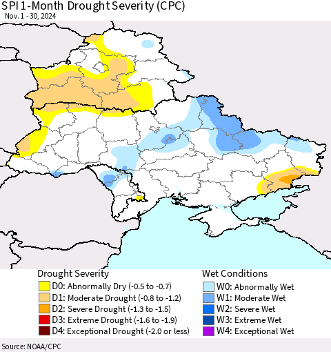 Ukraine, Moldova and Belarus SPI 1-Month Drought Severity (CPC) Thematic Map For 11/1/2024 - 11/30/2024