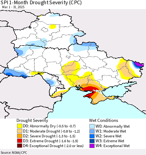 Ukraine, Moldova and Belarus SPI 1-Month Drought Severity (CPC) Thematic Map For 3/1/2025 - 3/31/2025