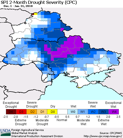 Ukraine, Moldova and Belarus SPI 2-Month Drought Severity (CPC) Thematic Map For 12/1/2017 - 1/31/2018