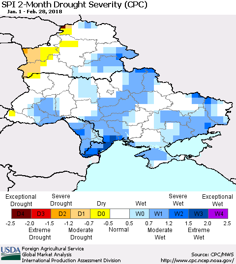 Ukraine, Moldova and Belarus SPI 2-Month Drought Severity (CPC) Thematic Map For 1/1/2018 - 2/28/2018