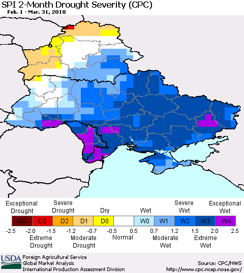 Ukraine, Moldova and Belarus SPI 2-Month Drought Severity (CPC) Thematic Map For 2/1/2018 - 3/31/2018