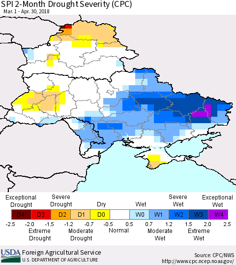 Ukraine, Moldova and Belarus SPI 2-Month Drought Severity (CPC) Thematic Map For 3/1/2018 - 4/30/2018