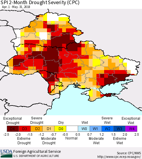 Ukraine, Moldova and Belarus SPI 2-Month Drought Severity (CPC) Thematic Map For 4/1/2018 - 5/31/2018