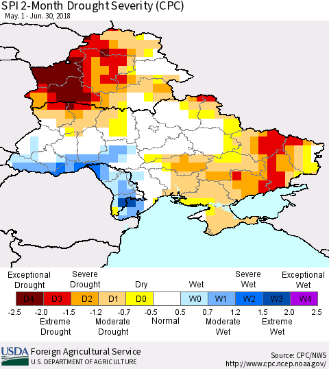 Ukraine, Moldova and Belarus SPI 2-Month Drought Severity (CPC) Thematic Map For 5/1/2018 - 6/30/2018