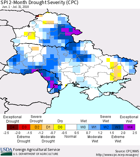Ukraine, Moldova and Belarus SPI 2-Month Drought Severity (CPC) Thematic Map For 6/1/2018 - 7/31/2018