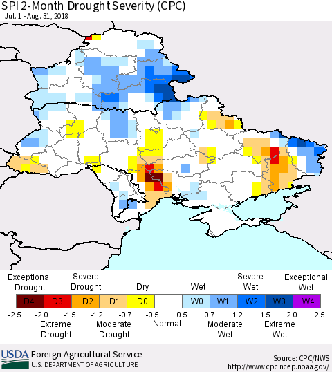 Ukraine, Moldova and Belarus SPI 2-Month Drought Severity (CPC) Thematic Map For 7/1/2018 - 8/31/2018