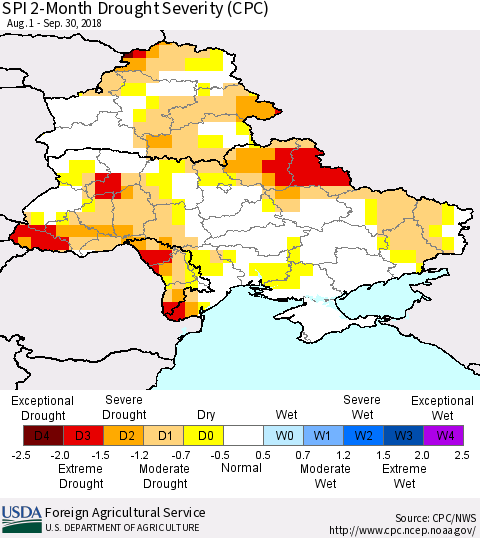 Ukraine, Moldova and Belarus SPI 2-Month Drought Severity (CPC) Thematic Map For 8/1/2018 - 9/30/2018
