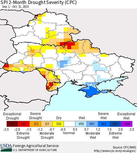 Ukraine, Moldova and Belarus SPI 2-Month Drought Severity (CPC) Thematic Map For 9/1/2018 - 10/31/2018