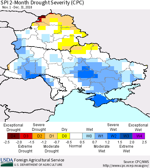 Ukraine, Moldova and Belarus SPI 2-Month Drought Severity (CPC) Thematic Map For 11/1/2018 - 12/31/2018