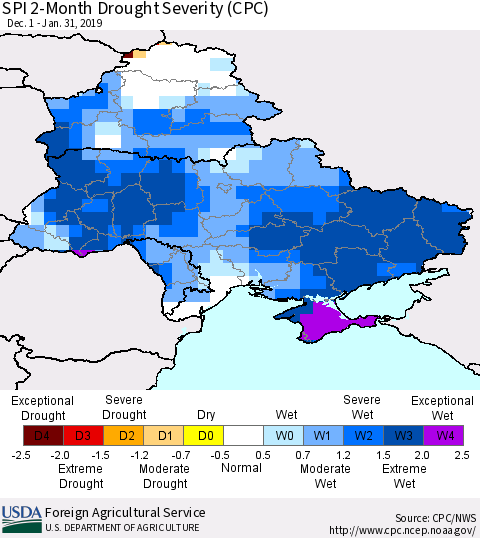Ukraine, Moldova and Belarus SPI 2-Month Drought Severity (CPC) Thematic Map For 12/1/2018 - 1/31/2019
