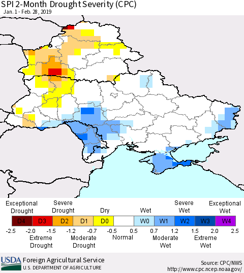 Ukraine, Moldova and Belarus SPI 2-Month Drought Severity (CPC) Thematic Map For 1/1/2019 - 2/28/2019