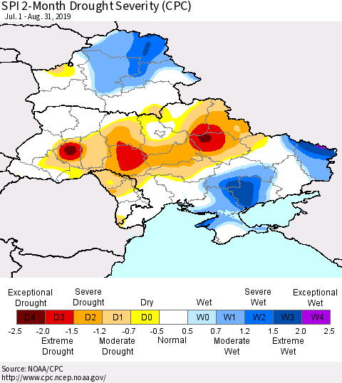 Ukraine, Moldova and Belarus SPI 2-Month Drought Severity (CPC) Thematic Map For 7/1/2019 - 8/31/2019