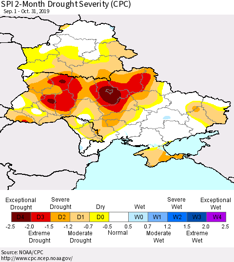 Ukraine, Moldova and Belarus SPI 2-Month Drought Severity (CPC) Thematic Map For 9/1/2019 - 10/31/2019