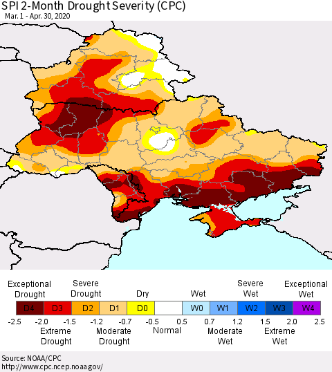 Ukraine, Moldova and Belarus SPI 2-Month Drought Severity (CPC) Thematic Map For 3/1/2020 - 4/30/2020