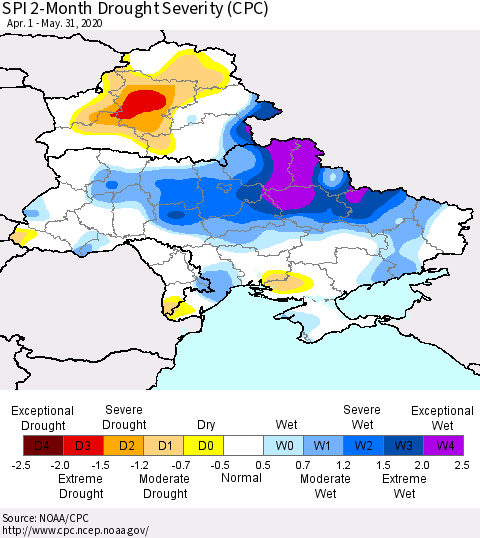 Ukraine, Moldova and Belarus SPI 2-Month Drought Severity (CPC) Thematic Map For 4/1/2020 - 5/31/2020