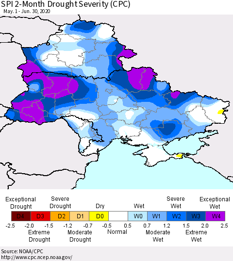 Ukraine, Moldova and Belarus SPI 2-Month Drought Severity (CPC) Thematic Map For 5/1/2020 - 6/30/2020
