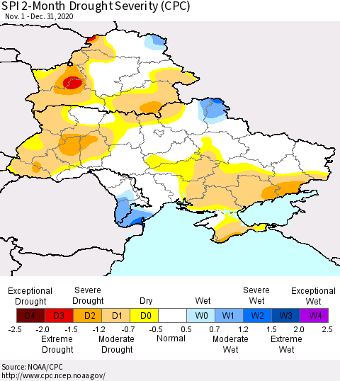 Ukraine, Moldova and Belarus SPI 2-Month Drought Severity (CPC) Thematic Map For 11/1/2020 - 12/31/2020
