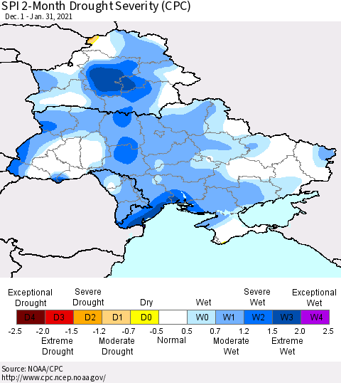 Ukraine, Moldova and Belarus SPI 2-Month Drought Severity (CPC) Thematic Map For 12/1/2020 - 1/31/2021