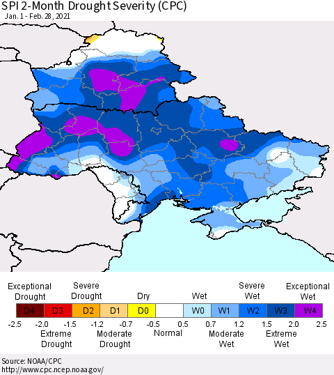 Ukraine, Moldova and Belarus SPI 2-Month Drought Severity (CPC) Thematic Map For 1/1/2021 - 2/28/2021