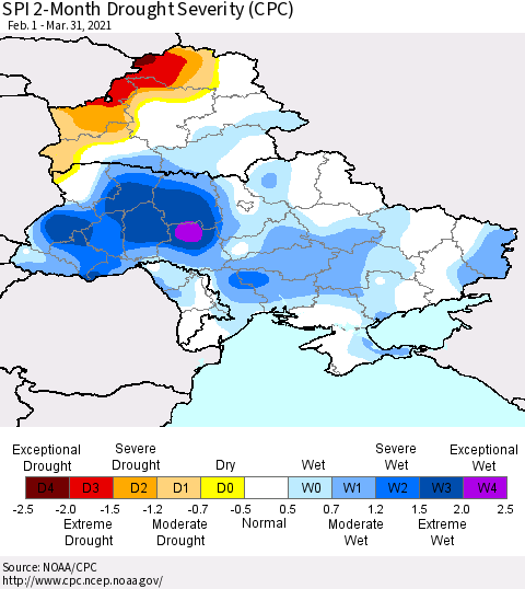 Ukraine, Moldova and Belarus SPI 2-Month Drought Severity (CPC) Thematic Map For 2/1/2021 - 3/31/2021
