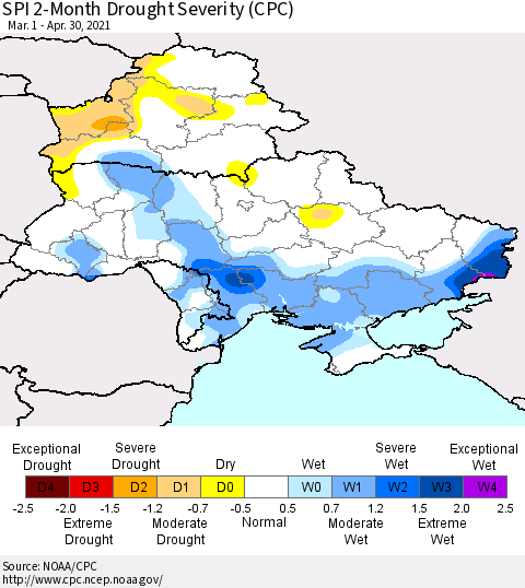 Ukraine, Moldova and Belarus SPI 2-Month Drought Severity (CPC) Thematic Map For 3/1/2021 - 4/30/2021