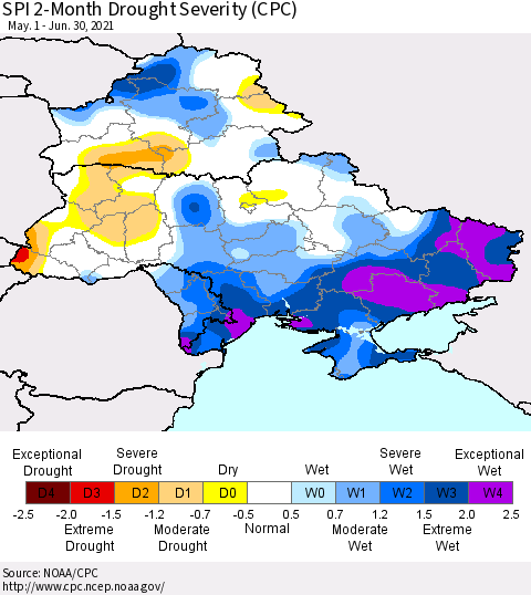 Ukraine, Moldova and Belarus SPI 2-Month Drought Severity (CPC) Thematic Map For 5/1/2021 - 6/30/2021