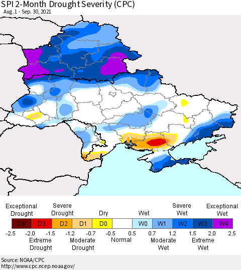Ukraine, Moldova and Belarus SPI 2-Month Drought Severity (CPC) Thematic Map For 8/1/2021 - 9/30/2021
