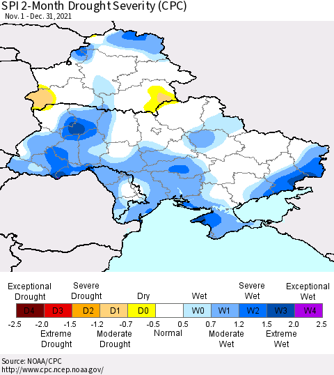 Ukraine, Moldova and Belarus SPI 2-Month Drought Severity (CPC) Thematic Map For 11/1/2021 - 12/31/2021