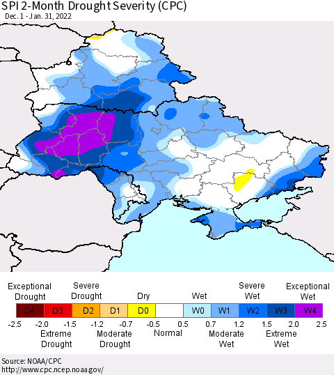 Ukraine, Moldova and Belarus SPI 2-Month Drought Severity (CPC) Thematic Map For 12/1/2021 - 1/31/2022