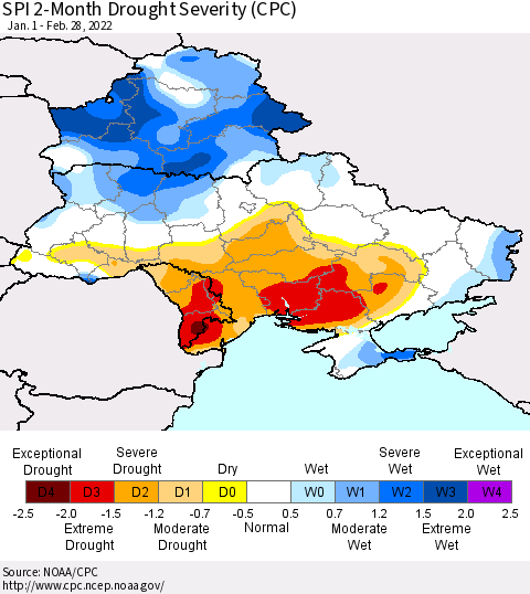 Ukraine, Moldova and Belarus SPI 2-Month Drought Severity (CPC) Thematic Map For 1/1/2022 - 2/28/2022