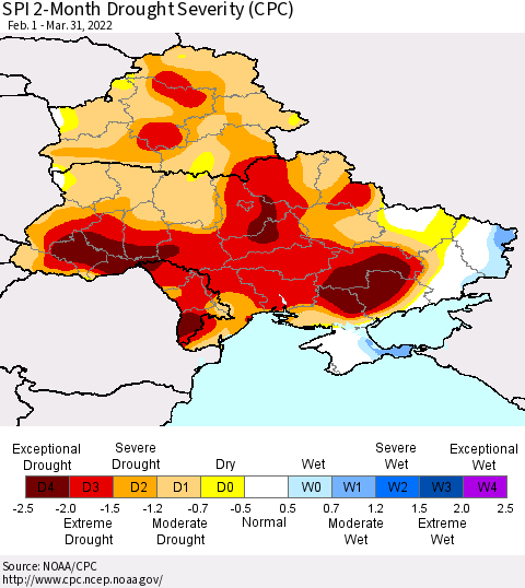 Ukraine, Moldova and Belarus SPI 2-Month Drought Severity (CPC) Thematic Map For 2/1/2022 - 3/31/2022