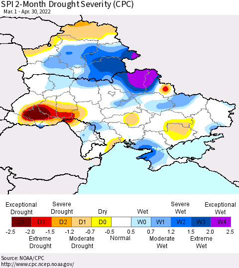 Ukraine, Moldova and Belarus SPI 2-Month Drought Severity (CPC) Thematic Map For 3/1/2022 - 4/30/2022