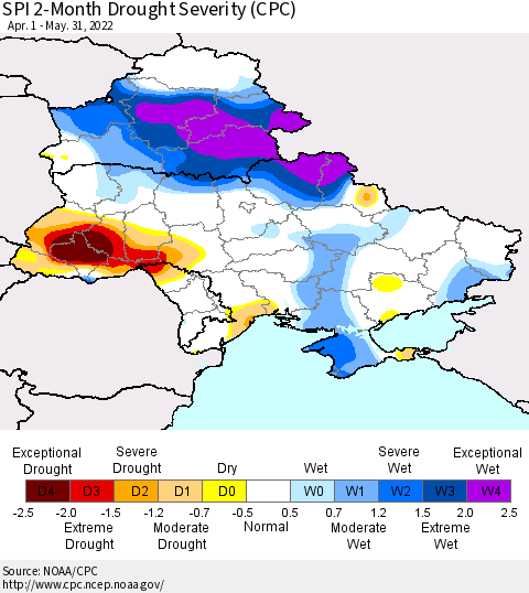 Ukraine, Moldova and Belarus SPI 2-Month Drought Severity (CPC) Thematic Map For 4/1/2022 - 5/31/2022