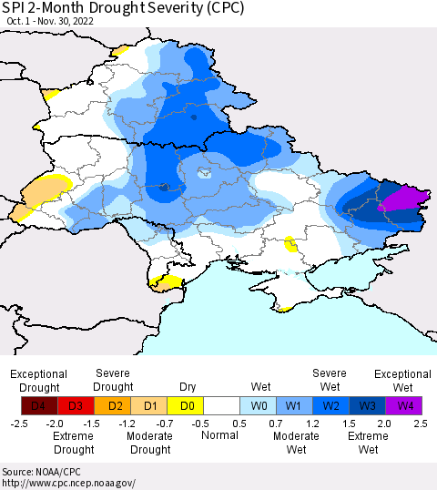 Ukraine, Moldova and Belarus SPI 2-Month Drought Severity (CPC) Thematic Map For 10/1/2022 - 11/30/2022