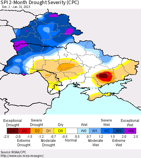 Ukraine, Moldova and Belarus SPI 2-Month Drought Severity (CPC) Thematic Map For 12/1/2022 - 1/31/2023