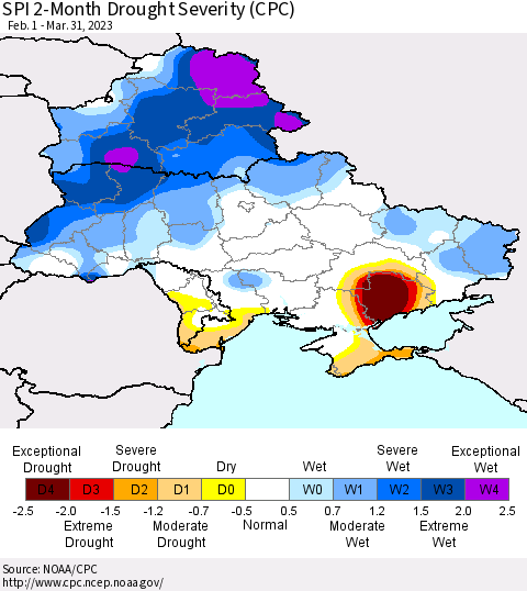 Ukraine, Moldova and Belarus SPI 2-Month Drought Severity (CPC) Thematic Map For 2/1/2023 - 3/31/2023