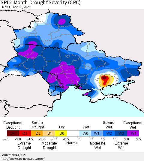 Ukraine, Moldova and Belarus SPI 2-Month Drought Severity (CPC) Thematic Map For 3/1/2023 - 4/30/2023