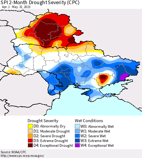 Ukraine, Moldova and Belarus SPI 2-Month Drought Severity (CPC) Thematic Map For 4/1/2023 - 5/31/2023