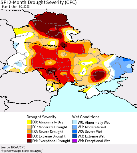 Ukraine, Moldova and Belarus SPI 2-Month Drought Severity (CPC) Thematic Map For 5/1/2023 - 6/30/2023