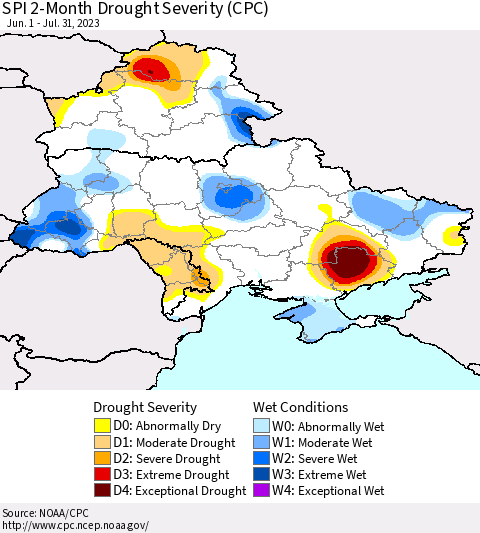 Ukraine, Moldova and Belarus SPI 2-Month Drought Severity (CPC) Thematic Map For 6/1/2023 - 7/31/2023