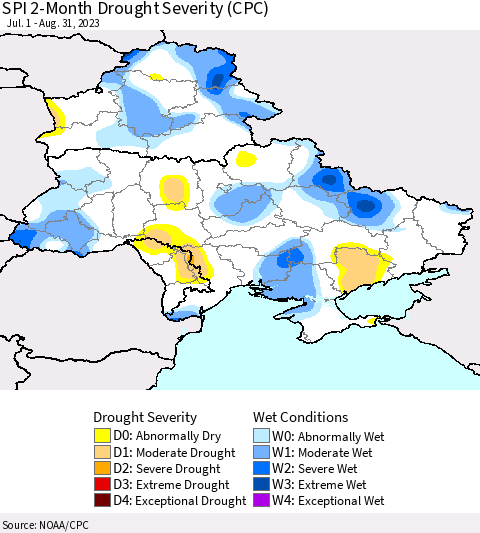 Ukraine, Moldova and Belarus SPI 2-Month Drought Severity (CPC) Thematic Map For 7/1/2023 - 8/31/2023