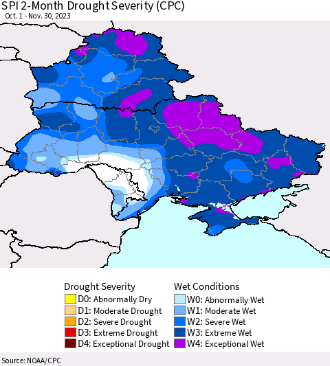 Ukraine, Moldova and Belarus SPI 2-Month Drought Severity (CPC) Thematic Map For 10/1/2023 - 11/30/2023