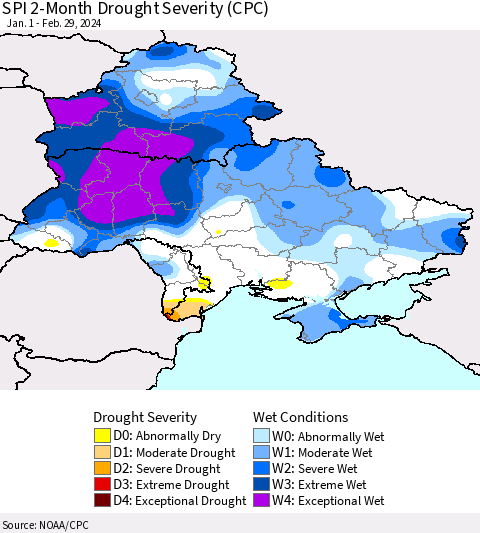 Ukraine, Moldova and Belarus SPI 2-Month Drought Severity (CPC) Thematic Map For 1/1/2024 - 2/29/2024